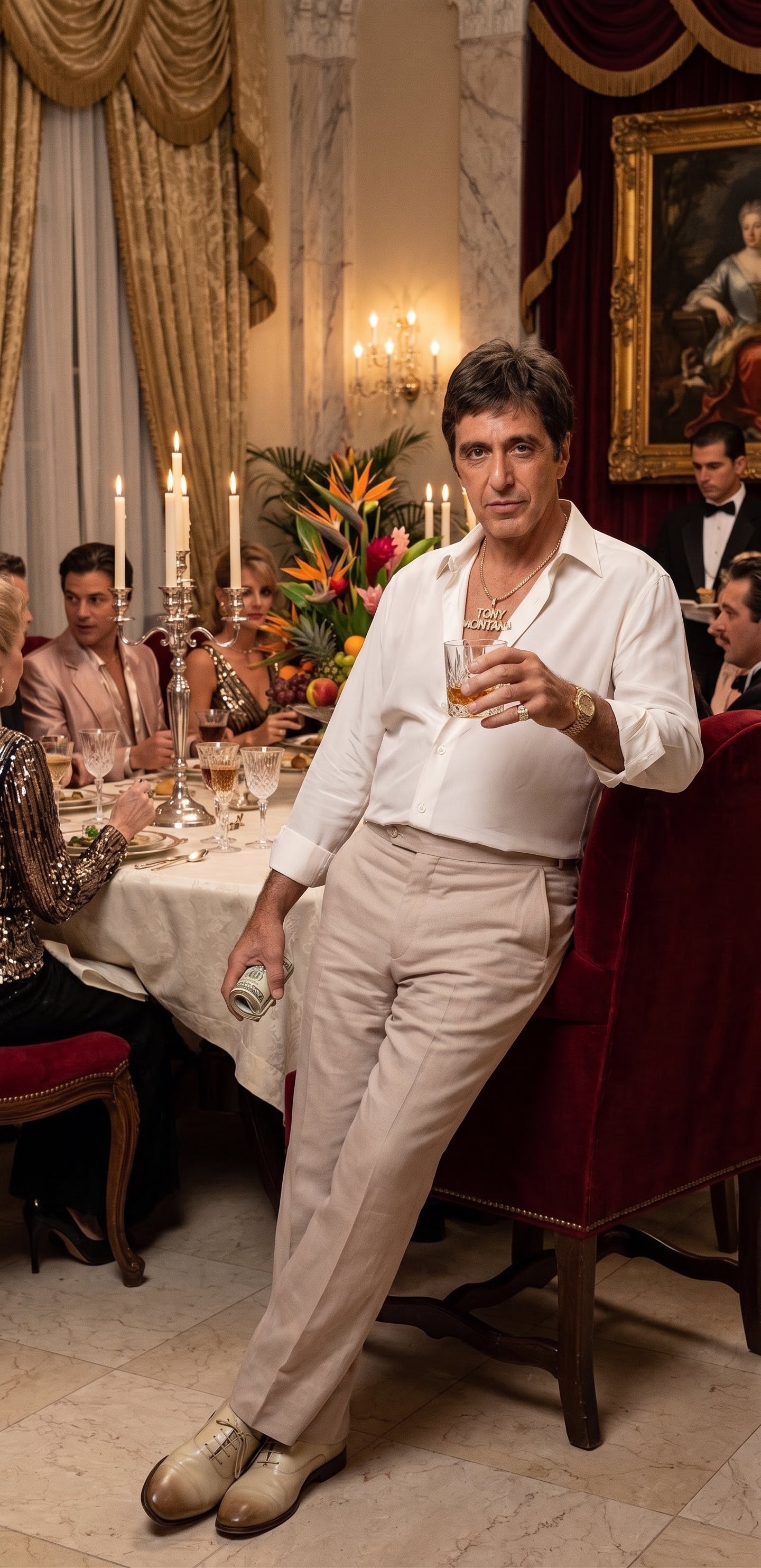 Tony Montana’s White Linen Shirt and Tan Pants – Men’s White Formal Shirt with Tan Trousers for Party, Wedding and Vintage Style Outfit - 15.5” Neck / 32-33” Sleeve