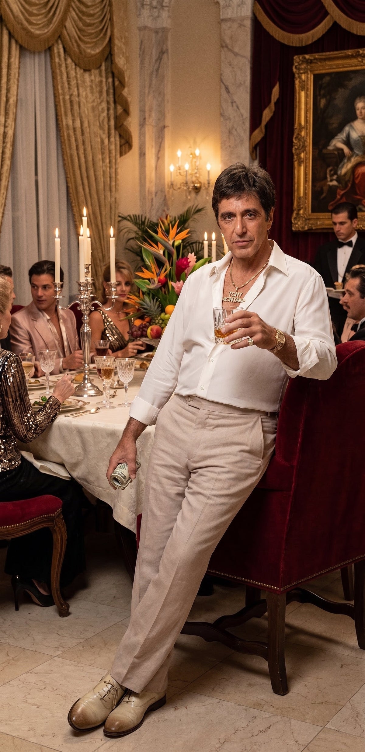 Tony Montana’s White Linen Shirt and Tan Pants – Men’s White Formal Shirt with Tan Trousers for Party, Wedding and Vintage Style Outfit