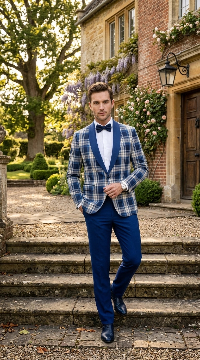 Men’s Tartan Blue Plaid and Solid Blue Tuxedo – Modern Check Pattern Formal Suit for New Year - Christmas - Holiday Jacket with Pants - 34 Short or Extra Small