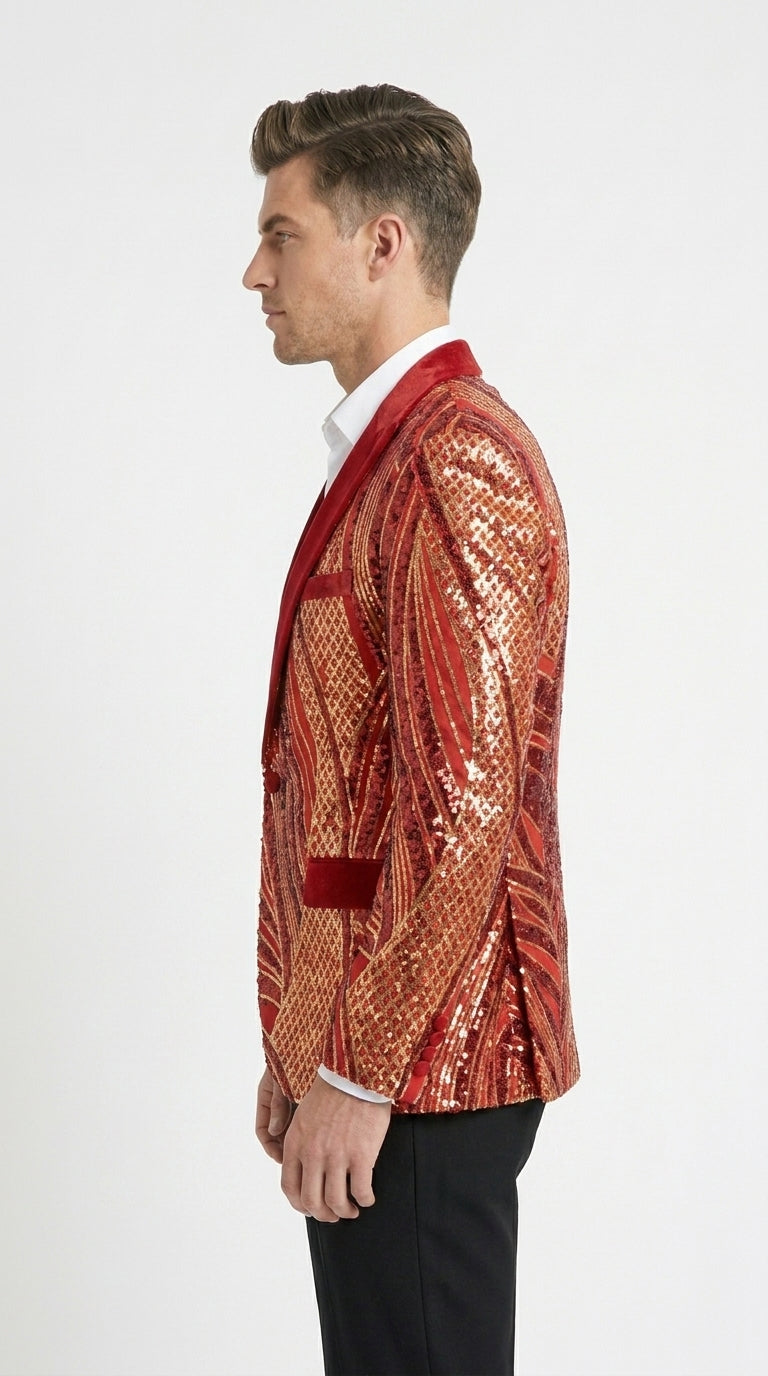 Men’s Red and Gold Sequin Christmas Holiday Blazer – Luxury Party Jacket for New Year, Wedding and Festive Events - 36 Short