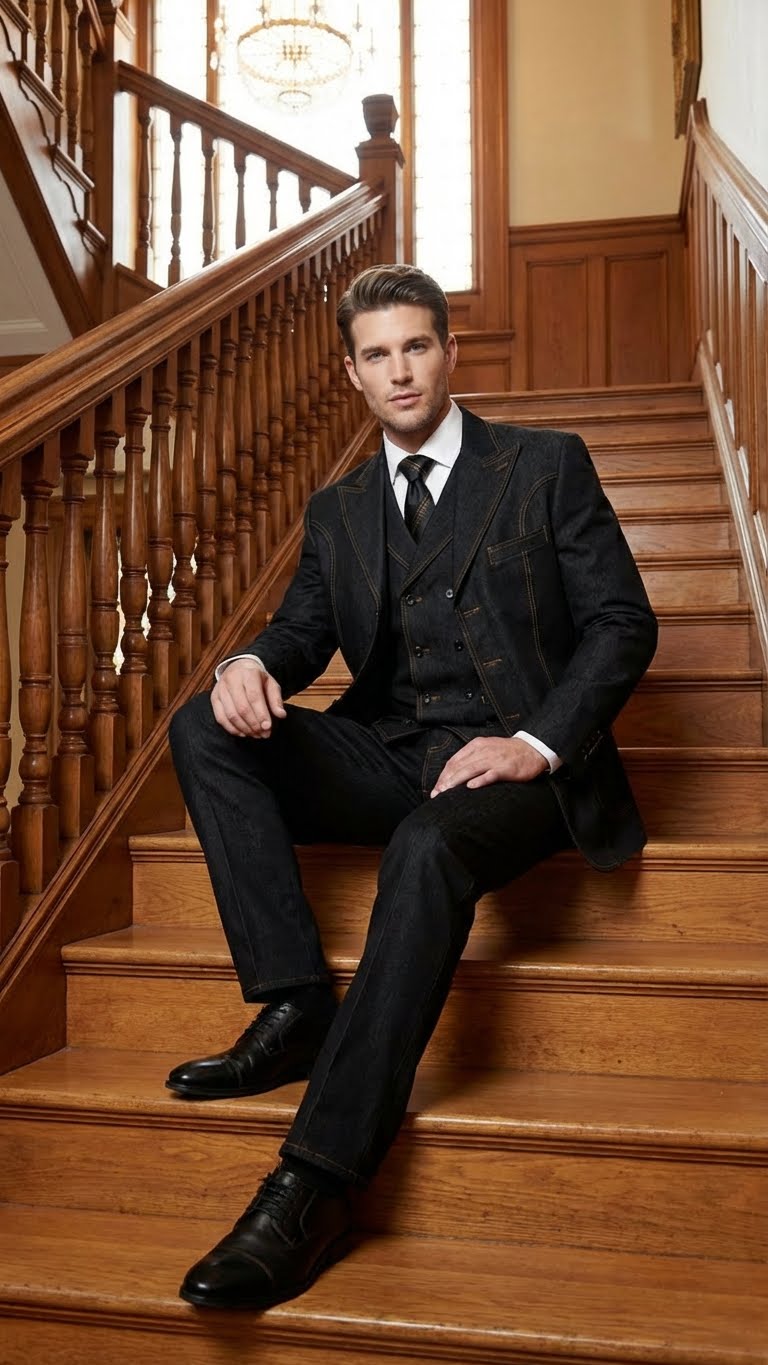 Men's Black Denim Fabric Suit – Classic Three Piece Denim Suit for Wedding, Prom and Church Wear - 34 Short or Extra Small