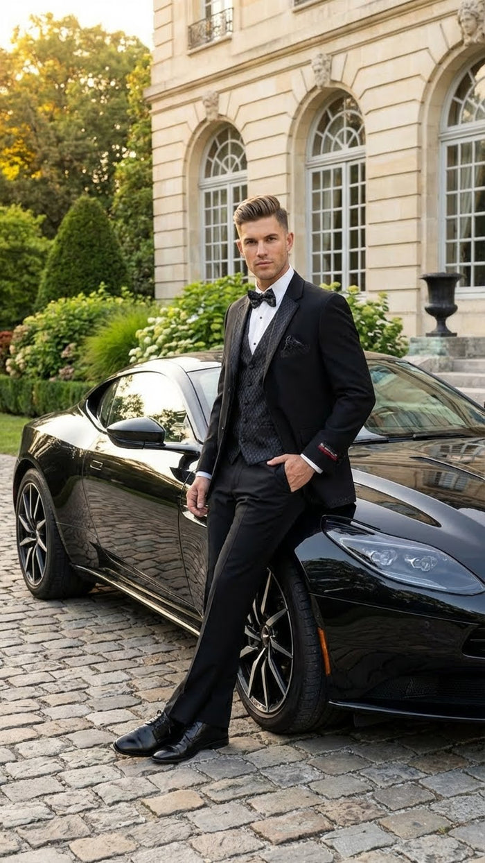 Men's Black Vested Tuxedo Suit with Patterned Lapel Classic Formal Suit for Wedding, Party and Evening Events