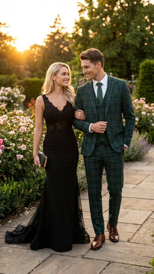 Men's Dark Green Plaid 3 Piece Suit Checkered Suit Set for Wedding, Windowpane Tartan Fabric - Ultra Slim Fit