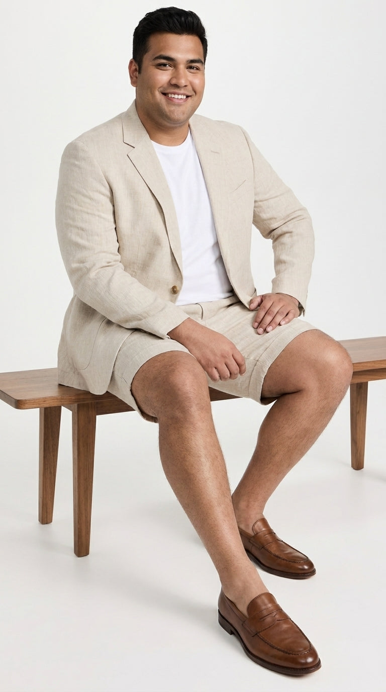 Men’s Tan Linen Suit with Shorts, 2 Piece Summer Short Suit, Casual Beach Wedding Outfit - 34 Short or Extra Small