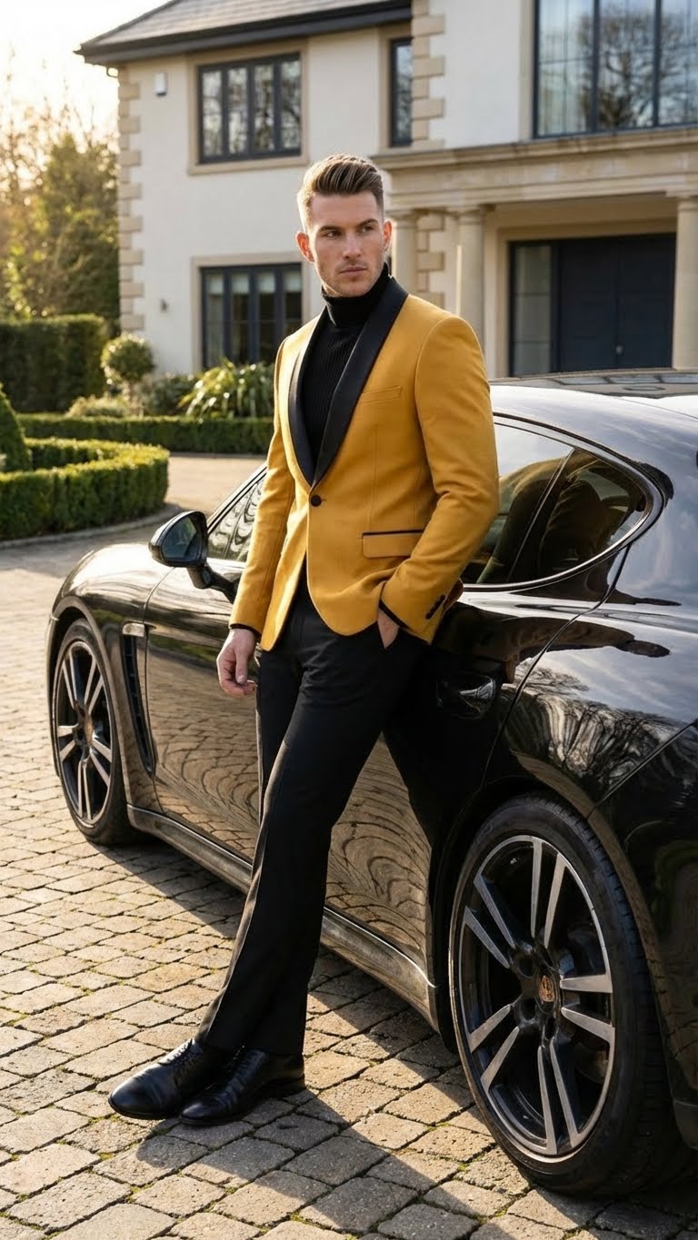 Men's Gold Shawl Lapel Blazer Tuxedo Dinner Jacket – Luxury Formal Blazer Jacket for Wedding, Party and Evening Events - 34 Short or Extra Small