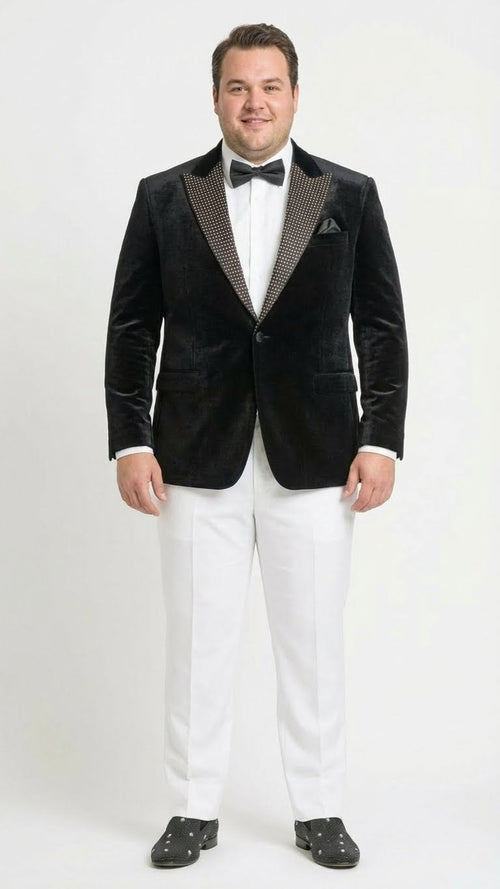 Mens Black Velvet Tuxedo Blazer with Studded Lapel  Formal Evening Jacket