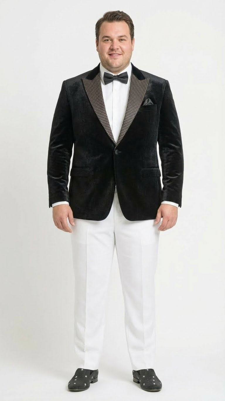 Men’s Black Velvet Tuxedo Blazer with Studded Lapel – Formal Evening Jacket - 36 Short