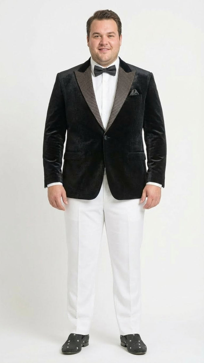 Mens Black Velvet Tuxedo Blazer with Studded Lapel  Formal Evening Jacket