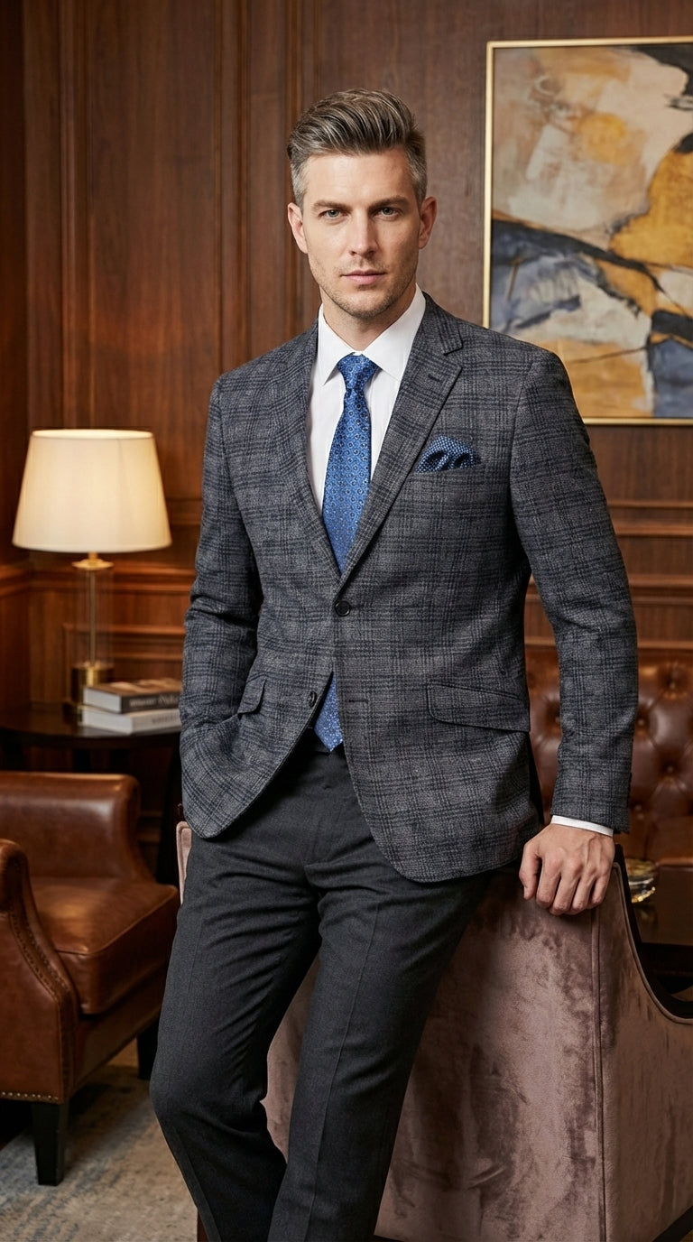 Mens Charcoal Gray with Blue Plaid Pattern Blazer Jacket – Classic Check Pattern Sport Coat for Business, Office, and Smart Casual Wear - 36 Short