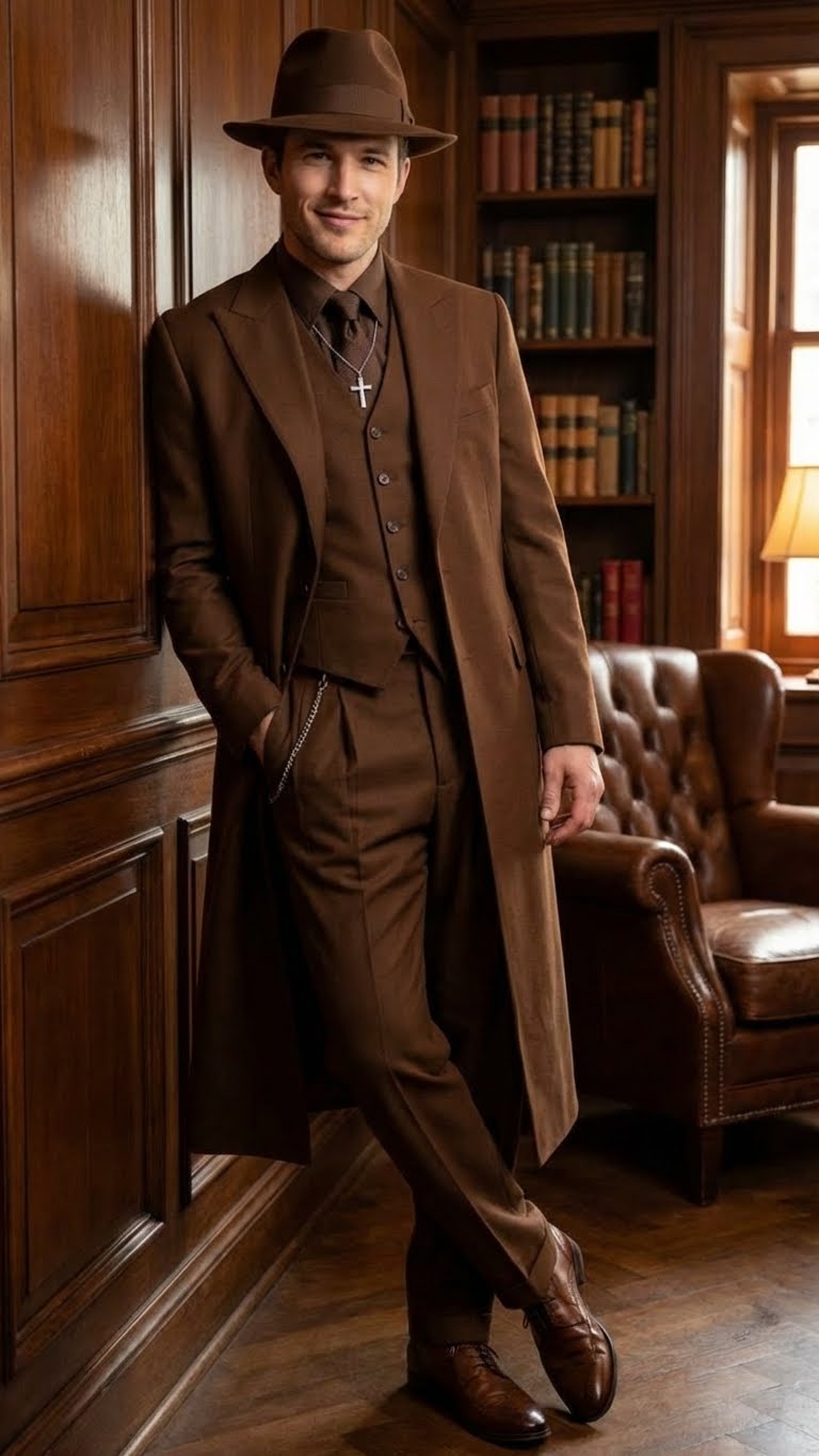 Men’s Brown 1920s Zoot Suit – Long Gangster Mafia Zuit Vintage Three-Piece Costume Set Pachuco Style - 34 Short or Extra Small