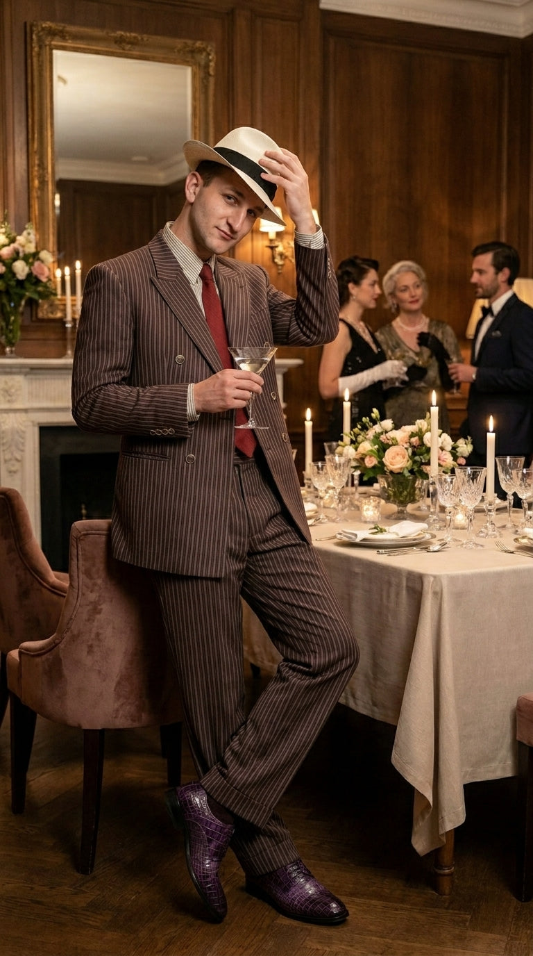 Men’s Brown Pinstripe Bonnie and Clyde Costume Suit – Vintage Gangster 1920s Outfit for Party, Halloween and Themed Events - 34 Short or Extra Small