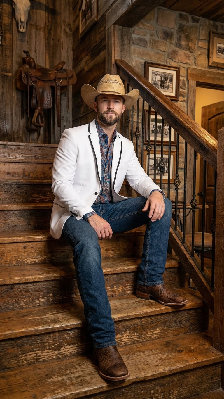 Menâ€™s White Western Blazer with Black Trim â€“ Classic Cowboy Style - 36 Short