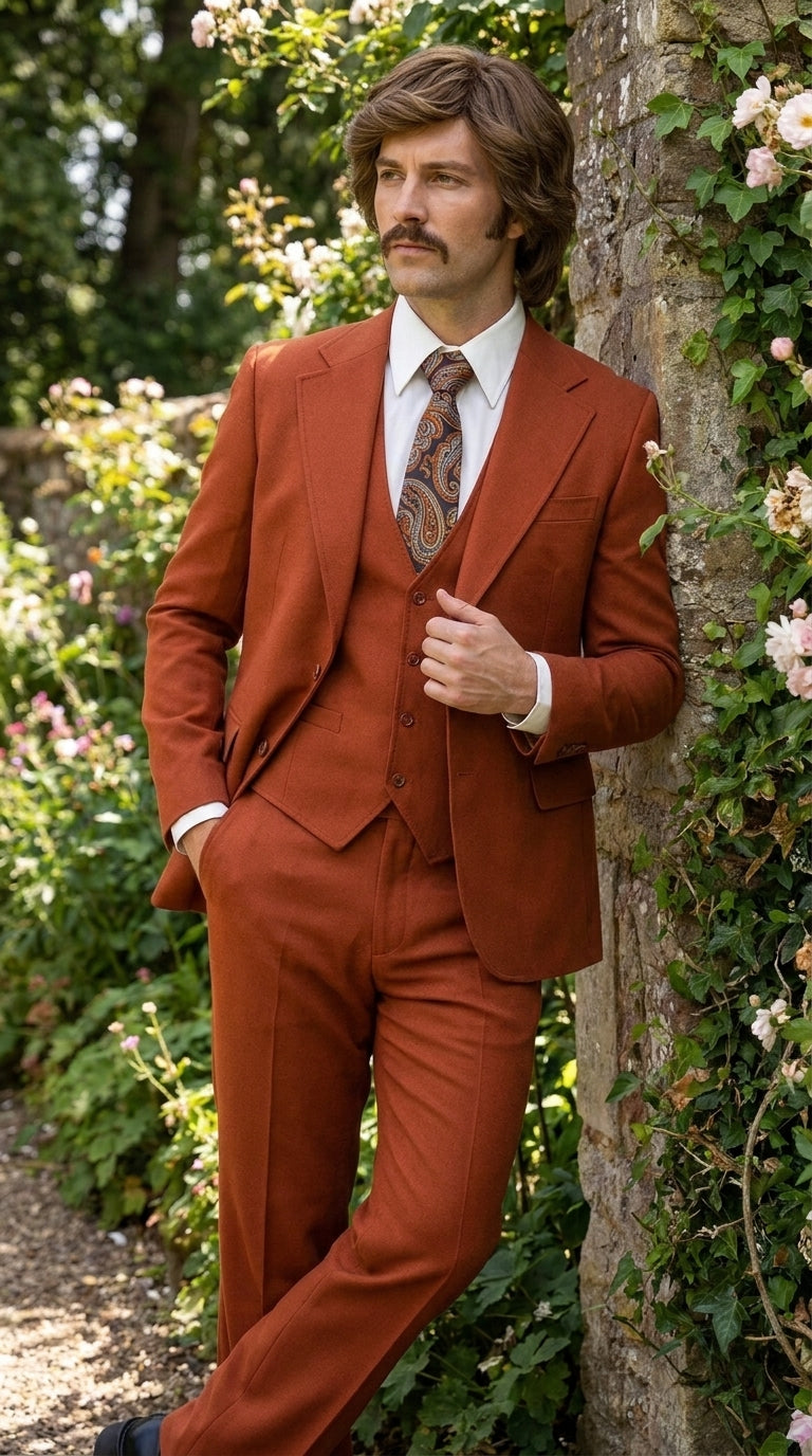 Men’s Burnt Orange 3-Piece Suit – 1970s Disco, Retro Rockabilly, Prom and Party Suit - 34 Short or Extra Small