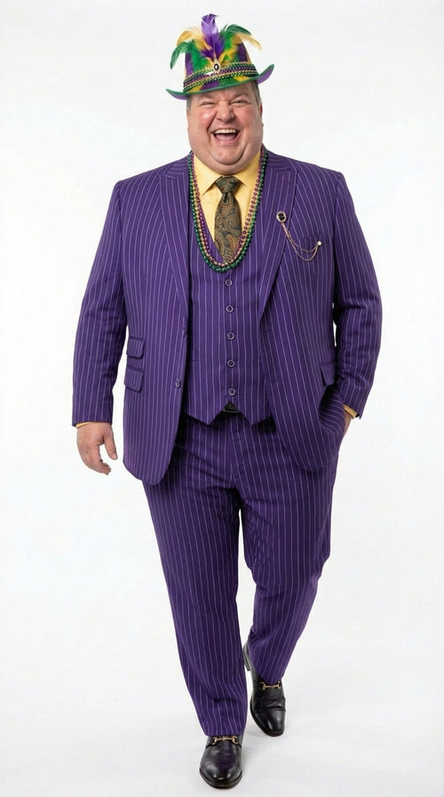 Mens Purple Pinstripe Mardi Gras Suit | Three Piece Carnival Formal Suit with Vest