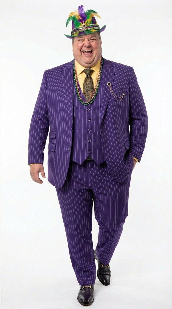 Mens Purple Pinstripe Mardi Gras Suit | Three Piece Carnival Formal Suit with Vest