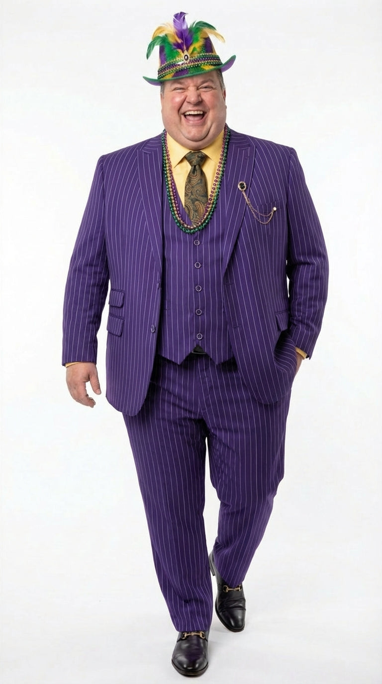 Mens Purple Pinstripe Mardi Gras Suit | Three Piece Carnival Formal Suit with Vest