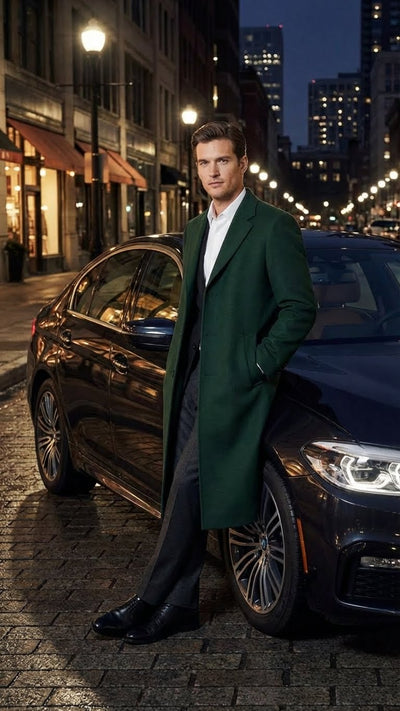 Mens Hunter Green Full-Length Wool Overcoat Classic Winter Dress Coat for Formal and Casual Wear Topcoat Mens Wintercoat