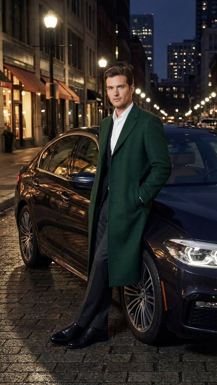 Mens Hunter Green Full-Length Wool Overcoat Classic Winter Dress Coat for Formal and Casual Wear Topcoat Mens Wintercoat