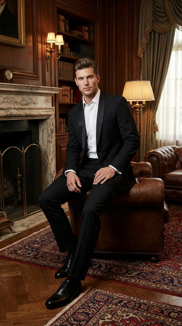Tiglio Designer Mens Black Single Button Tuxedo Suit Formal Black Business and Wedding Suit Shawl Collar  Super 150's Wool Fabric