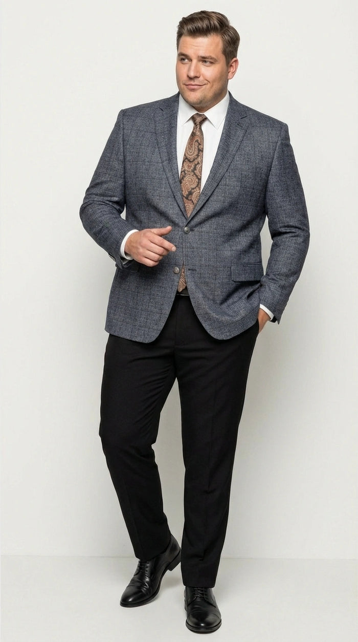 Mens Charcoal Gray Windowpane Check Blazer Classic Two Button Formal Sport Coat Jacket