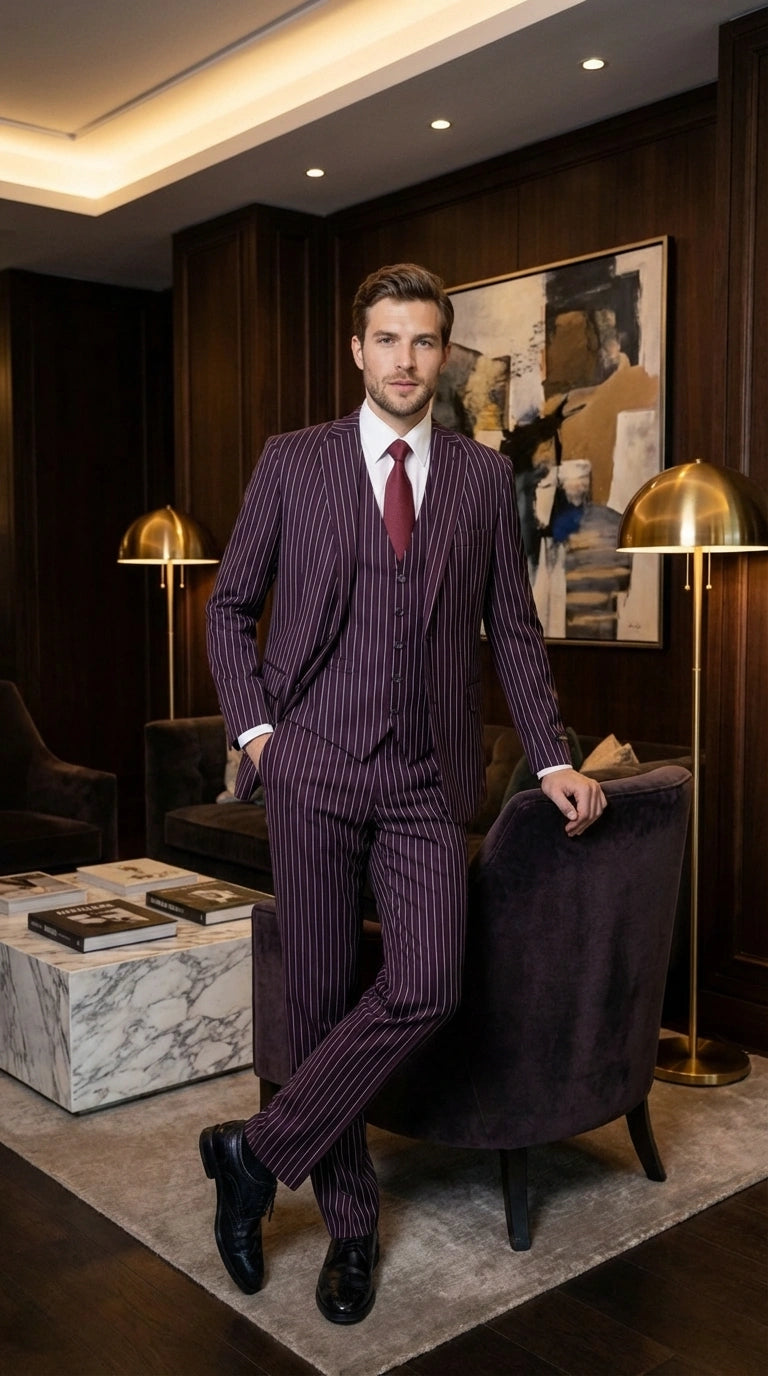 Men’s Plum Eggplant Pinstripe 3 Piece Suit – Burgundy Purple Formal Suit  Gangster 1920s Mafia Pimp Suit - 34 Short or Extra Small