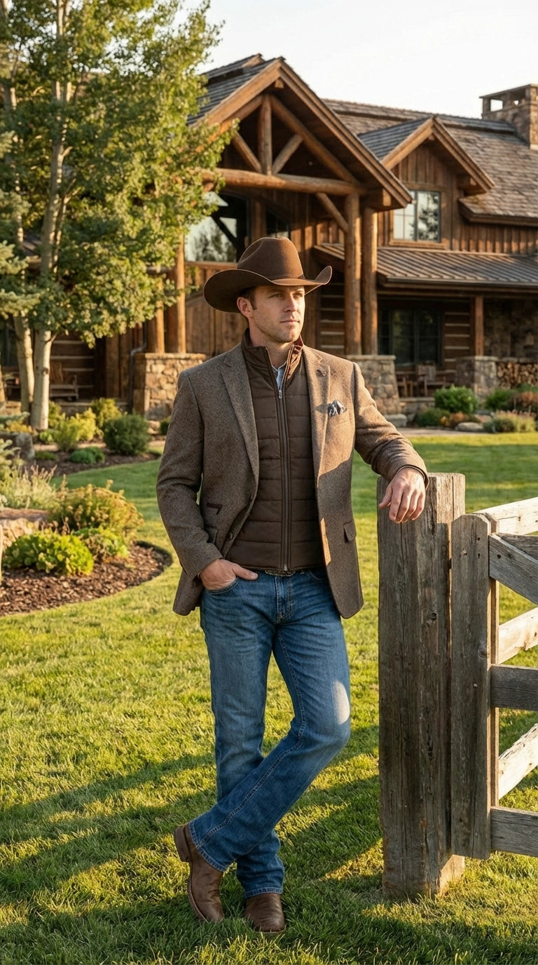 Mens Brown Herringbone Tweed Cowboy Western Blazer Classic Country Sport Coat Jacket for Ranch Wear,  Cowboy Jacket - 36 Short