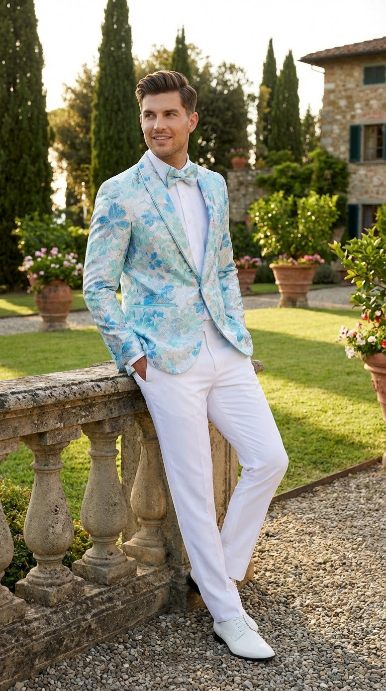 Mens Light Blue Floral Jacquard Tuxedo Jacket with Matching Bow Tie | Formal Prom Wedding Blazer + Bowtie Turqoise Aqua Color