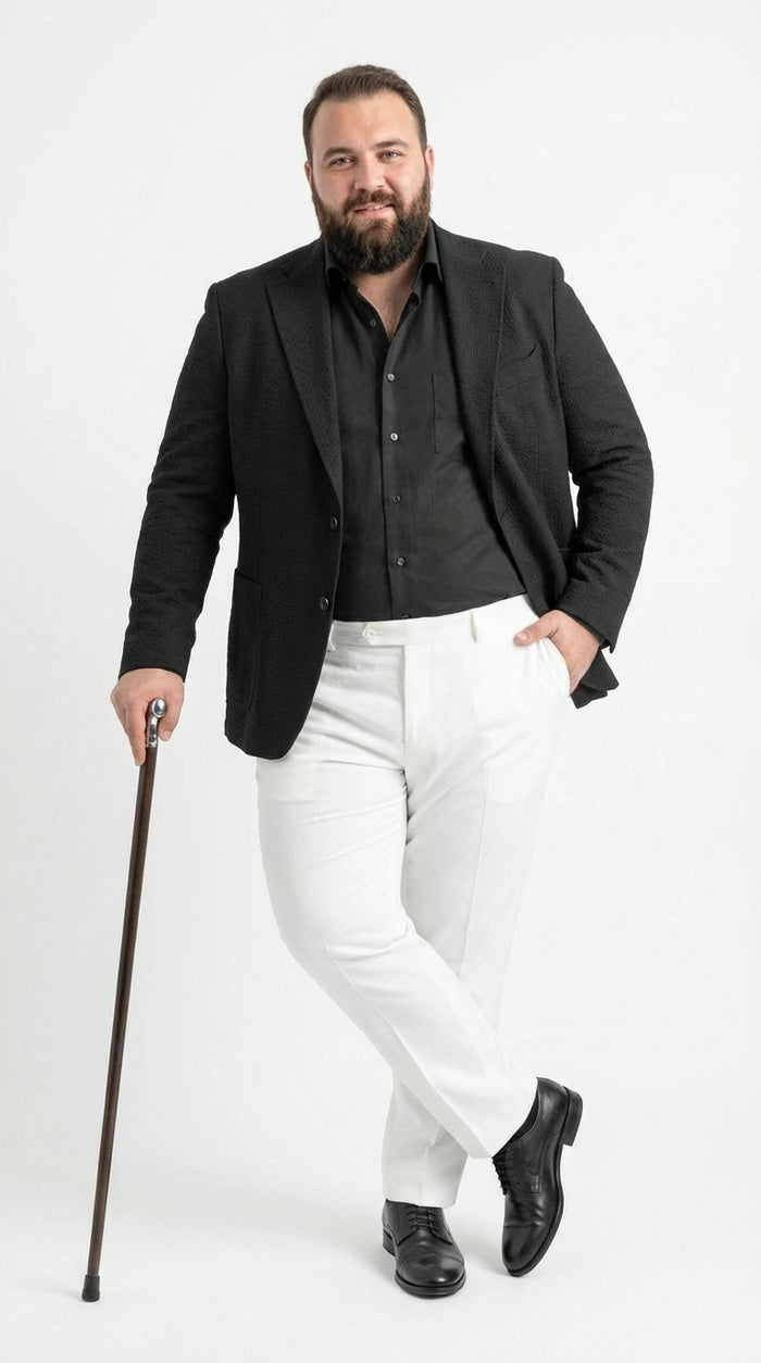Mens Black Seersucker Blazer - Textured Two-Button Notch Lapel Formal & Summer Sport Jacket in Black Tone-on-Tone Cotton Fabric