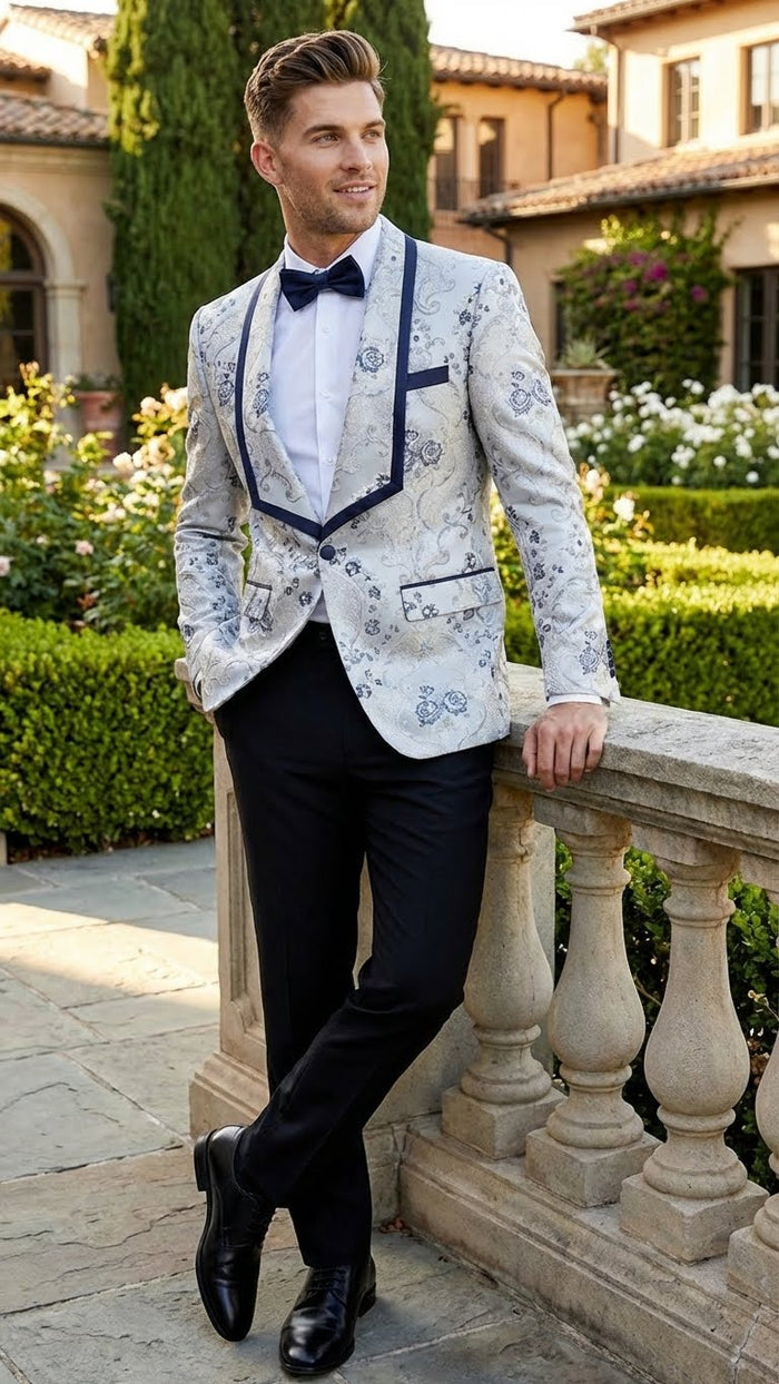 Mens White and Navy Blue Lapel  Floral Jacquard Blazer with Contrast Shawl Lapel Luxury Wedding and Party Wear Jacket paisley Tuxedo Navy Pants