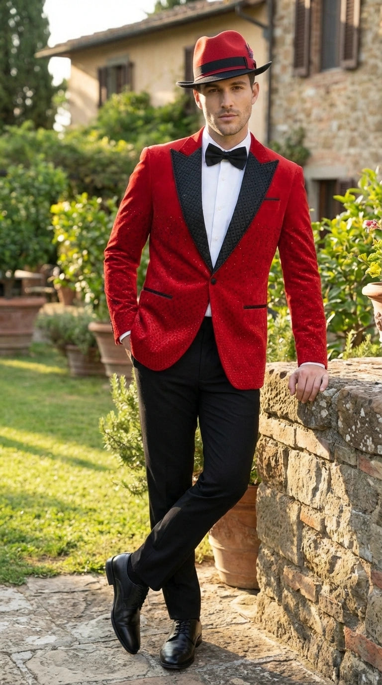 Men’s Red Velvet Fabric Rhinestone  Blazer with Matching Red and Black Hat – Christmas New Year Holiday Party Jacket Set - 36 Short