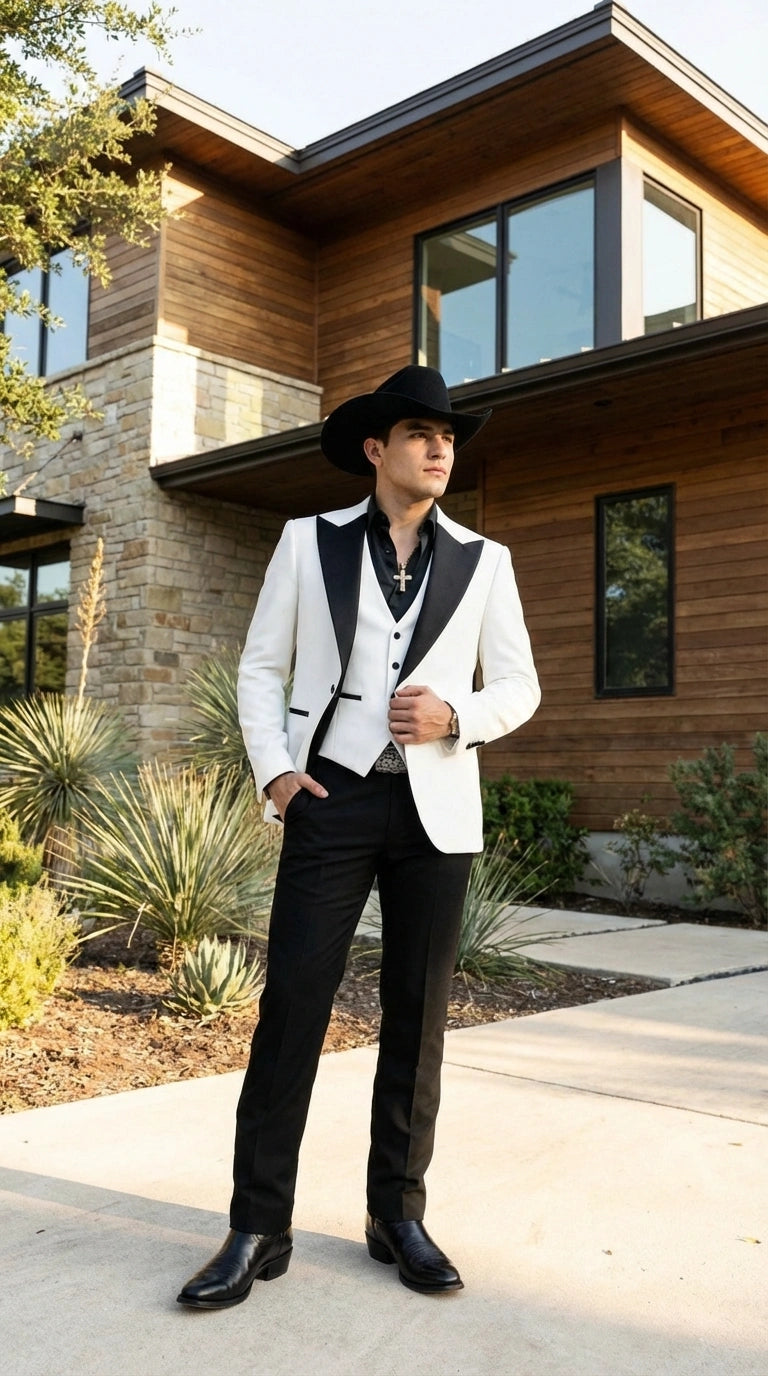 Men’s White Cowboy Tuxedo with Black Satin Lapel – Western Formal Suit with Matching Vest - 34 Short or Extra Small