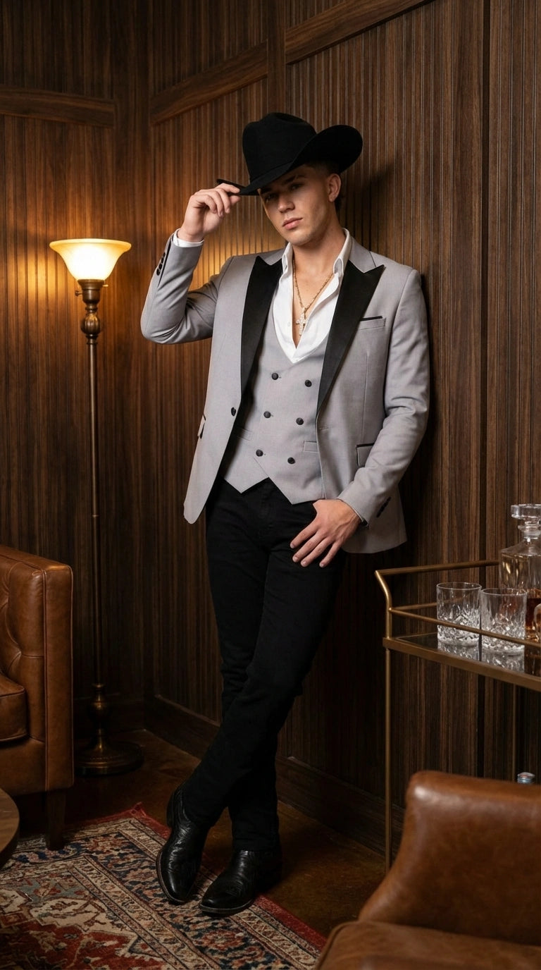 Men’s Light Gray Cowboy Tuxedo with Black Satin Lapel – Western Formal Suit with Double Breasted Vest - 34 Short or Extra Small