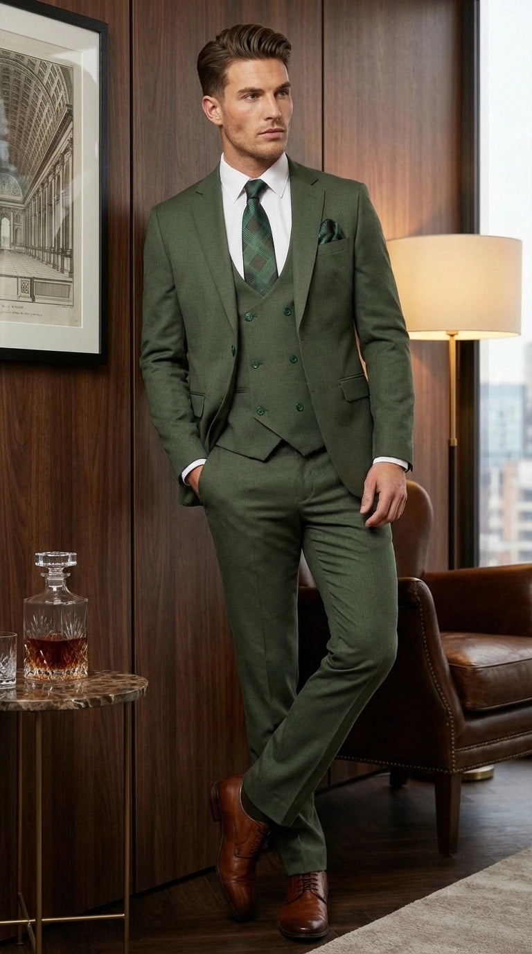 Men’s Forest Green Three Piece Suit – Double Breasted Vest Formal Wedding and Business Suit Set Olive Green Slim Fit - 34 Short or Extra Small