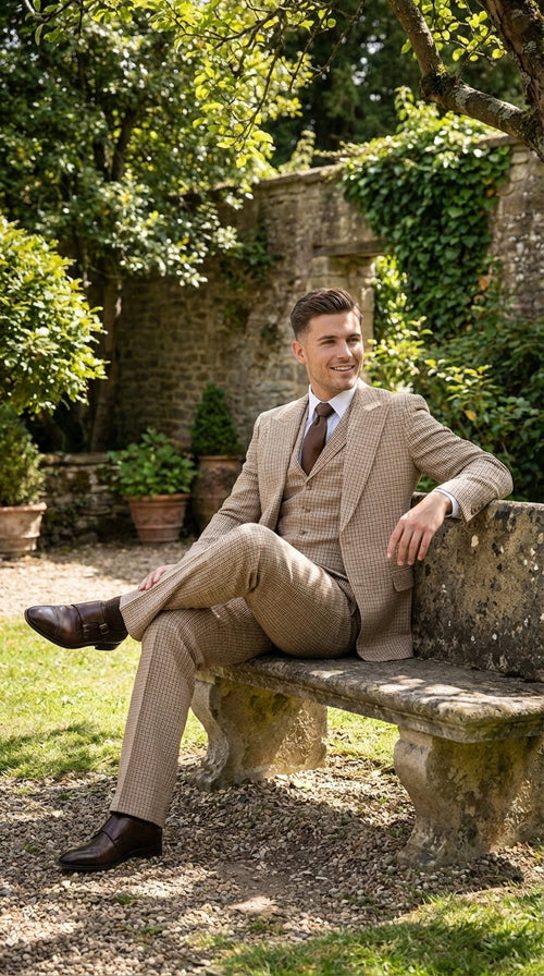 Mens Beige tan Checkered Three Piece Suit with Classic Fit Wide Leg Pleated Pants by Rossiman khaki color