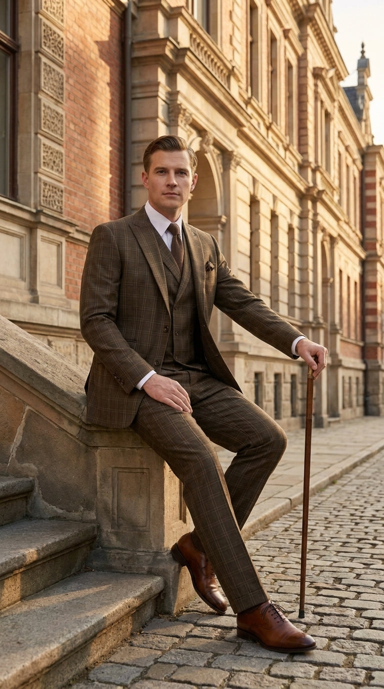Men’s 1930s Brown Plaid 3 Piece Suit, Vintage Formal Wedding Business Dress Suit Set - 34 Short or Extra Small