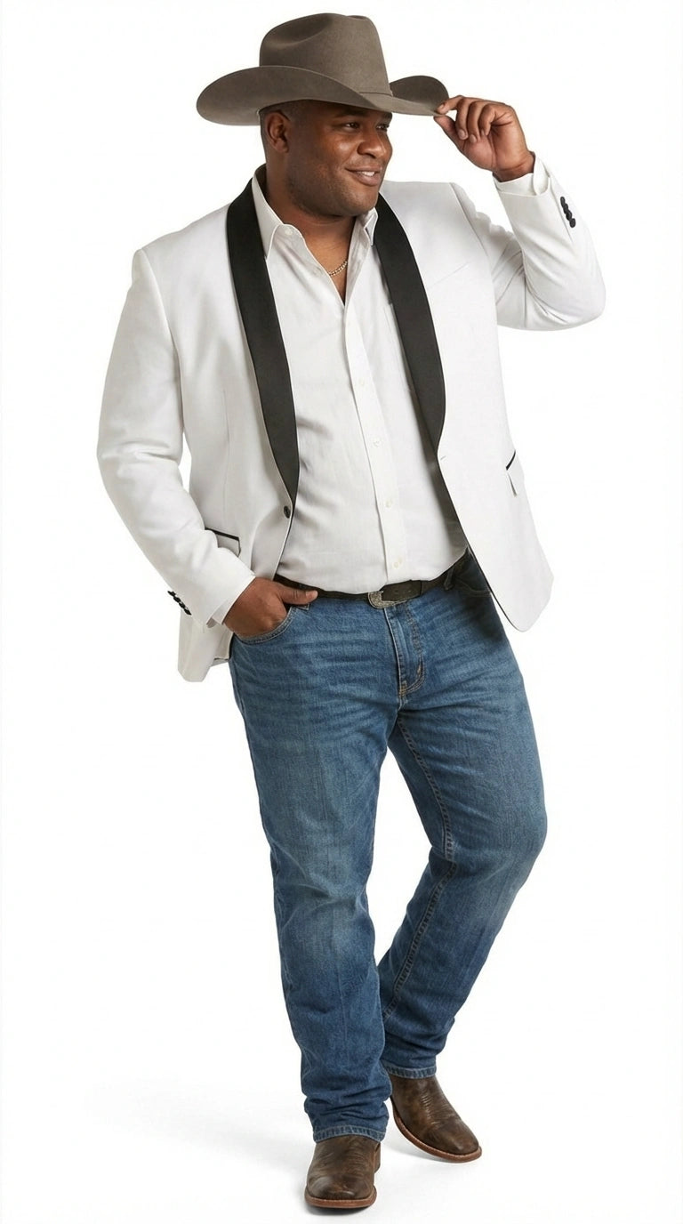 Men’s White Cowboy Blazer with Black Satin Lapel – Western Formal Tuxedo Style Jacket - 36 Short