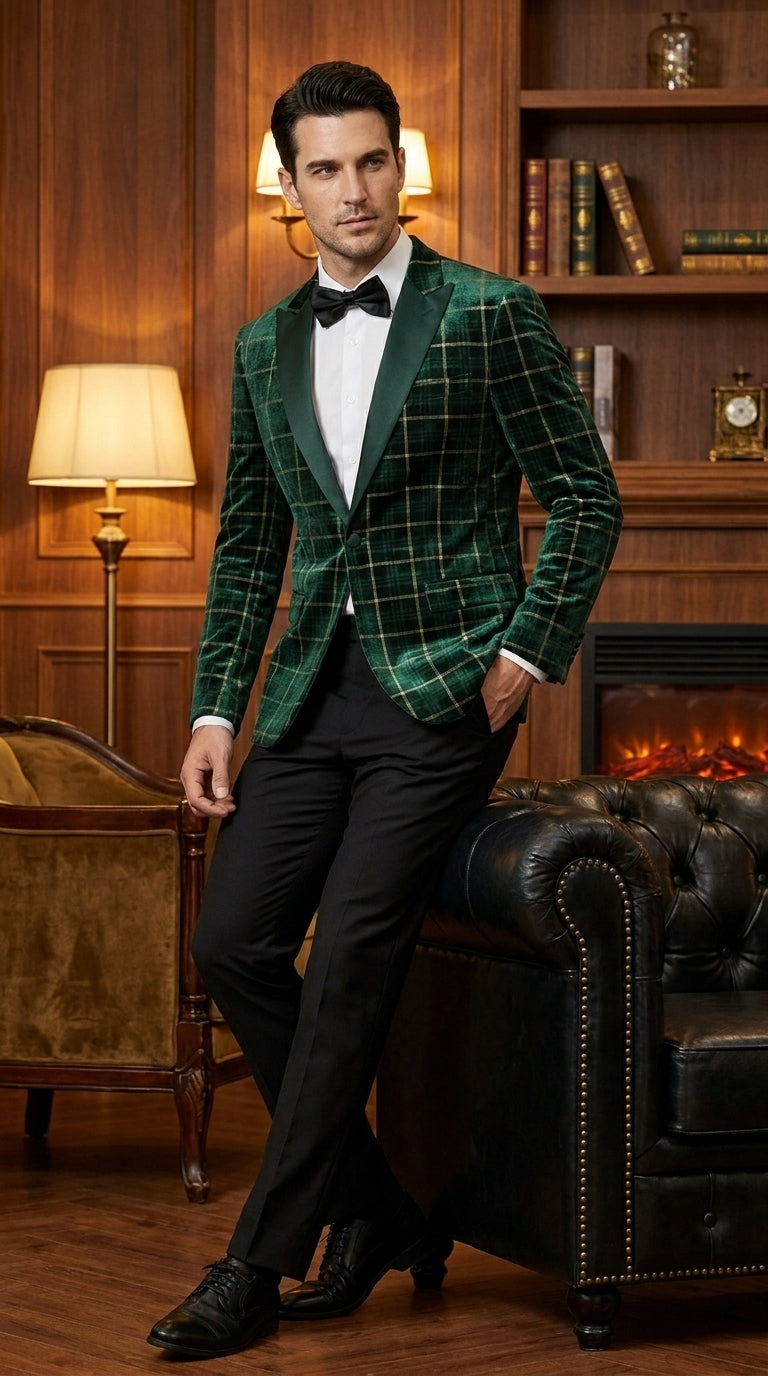 Men’s Green and Gold Plaid Christmas Holiday Blazer – Classic Check Party Jacket for New Year, Wedding and Festive New Year event - 36 Short