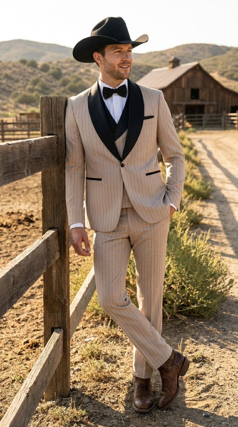 Men’s Beige Pinstripe Western 3 Piece Tuxedo Suit with Black Shawl Lapel, Formal Cowboy Wedding Prom Suit in Tan Khaki Color - 34 Short or Extra Small