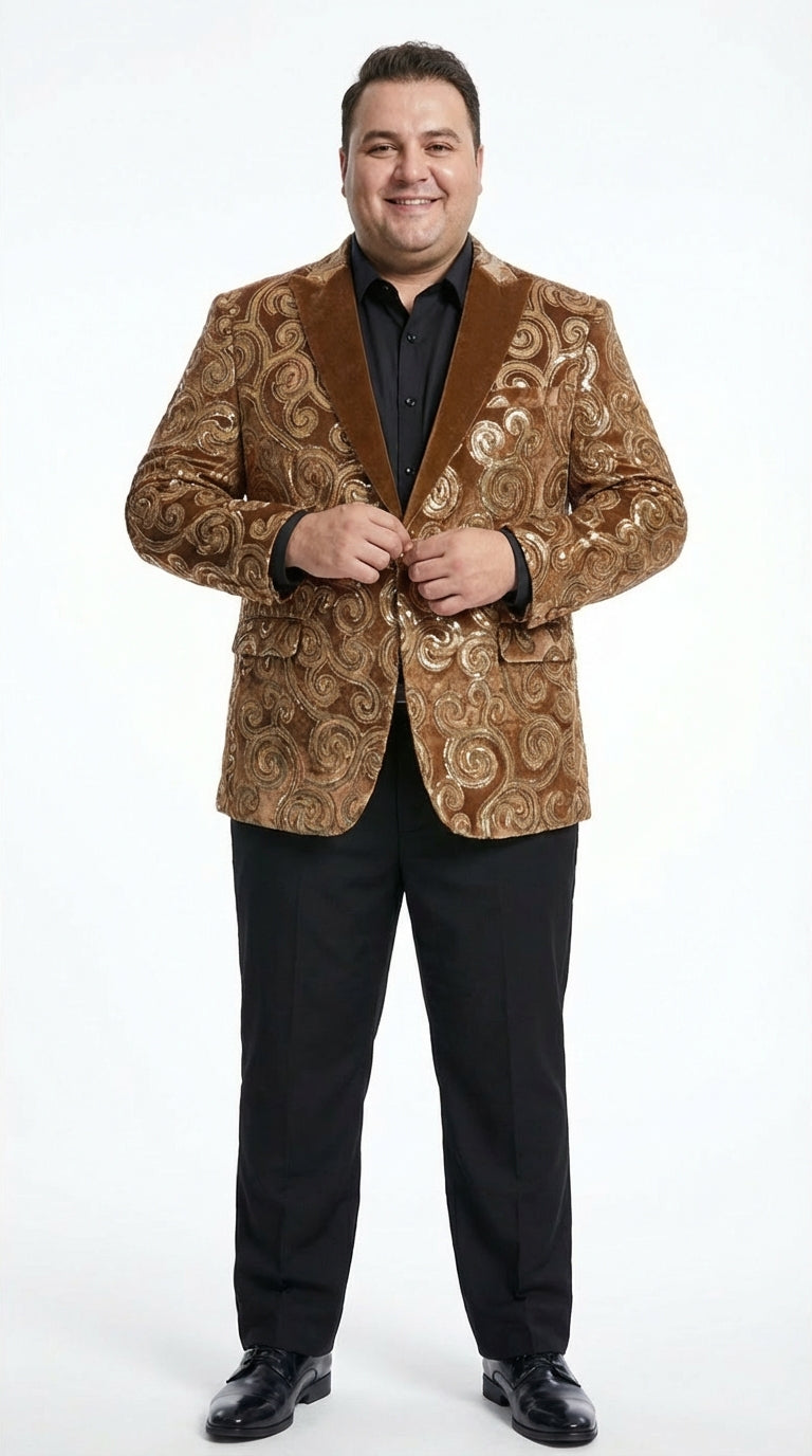Men's Light Brown & Gold Baroque Embroidered Blazer Jacket | Tuxedo Dinner Jacket - 34 Short or Extra Small