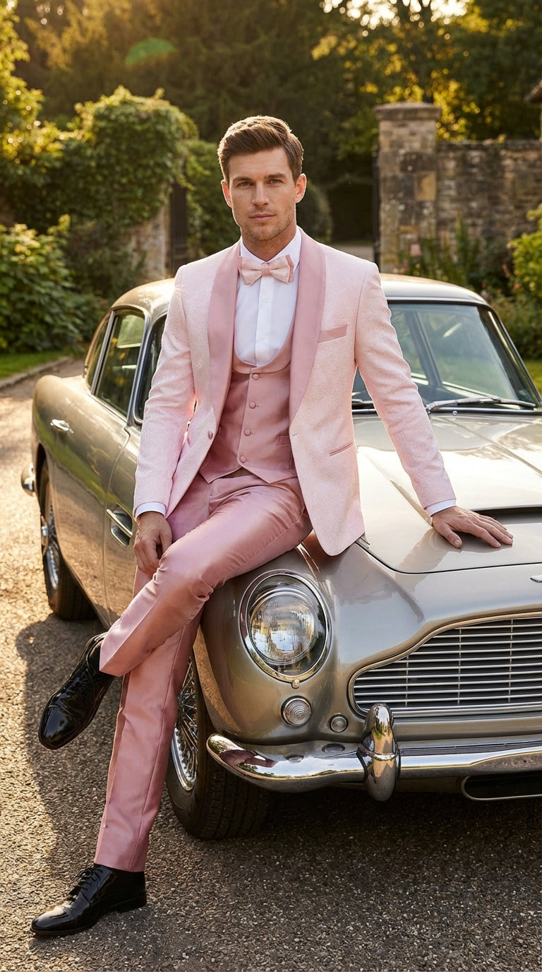 Men's Light Pink 3 Piece Tuxedo Suit Set | Shawl Lapel Formal Wedding Prom Dinner Suit in Rose Gold Color - 34 Short or Extra Small