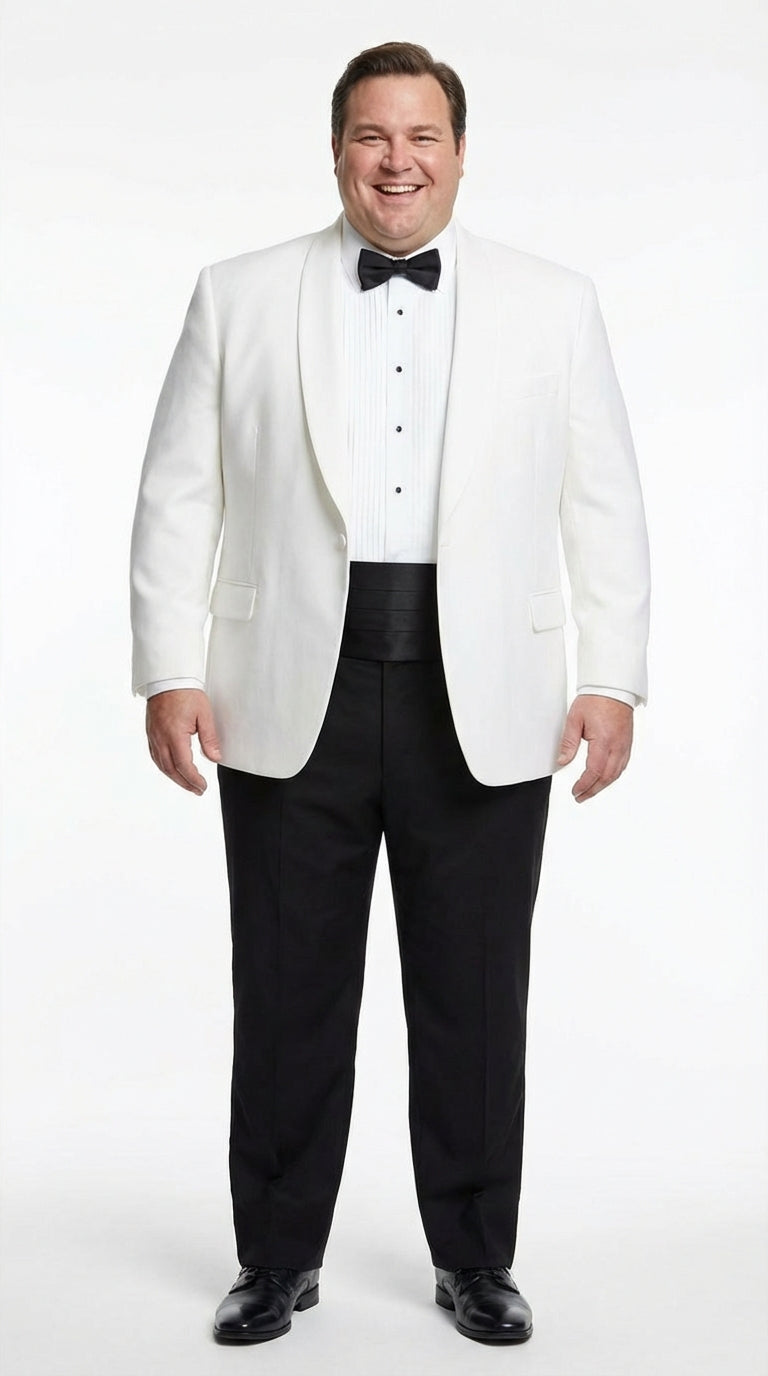 Men's White Dinner Jacket Tuxedo Blazer with Black Satin Shawl Lapel  With Black Tuxedo Pants - 34 Short or Extra Small