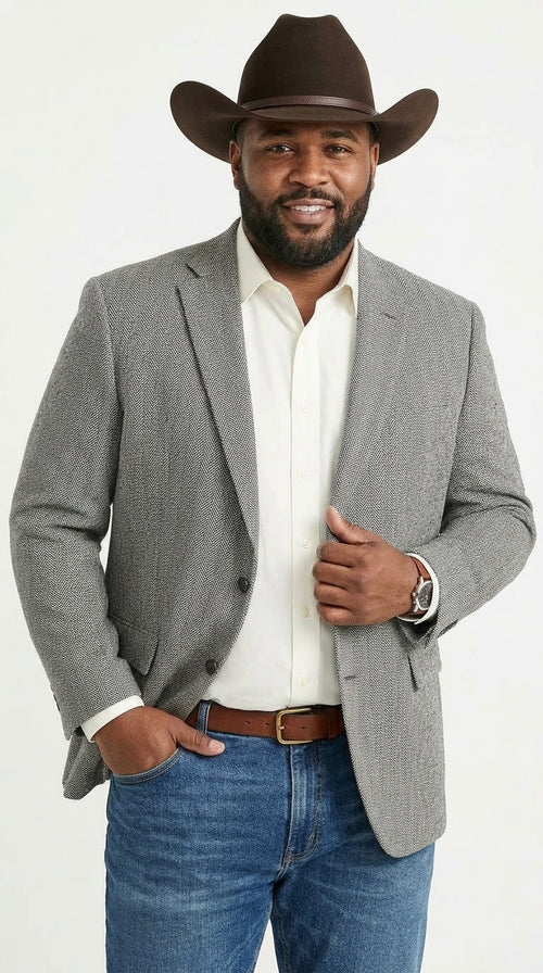 Men’s Light Grey & Black Herringbone Western Blazer – Cowboy Sport Coat Jacket