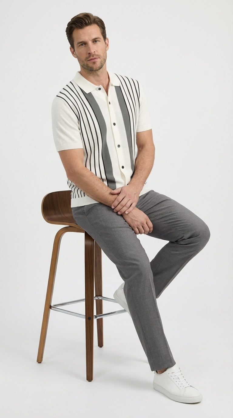 Mens White and Charcoal Gray Stripe Walking Suit Set – Short Sleeve Button Shirt and Pants Casual Summer Outfit for Travel, Vacation and Everyday Wear - S