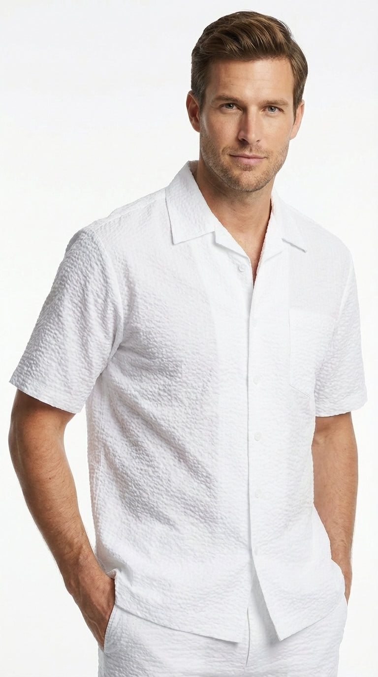 Mens White Seersucker Walking Suit Set – Casual Summer Short Sleeve Outfit with Matching Pants Lightweight Two Piece Set - S