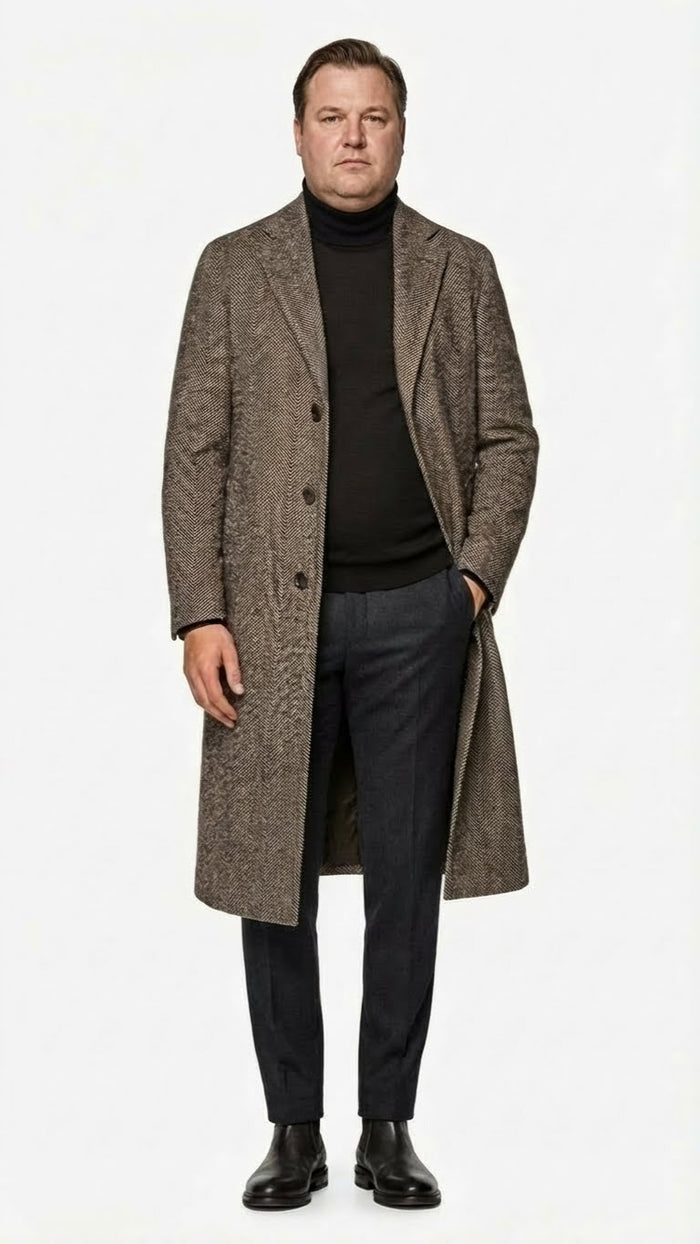 Mens Black & Grey  Herringbone Tweed Wool Blend Overcoat Classic Single-Breasted Winter Blazer Carcoat