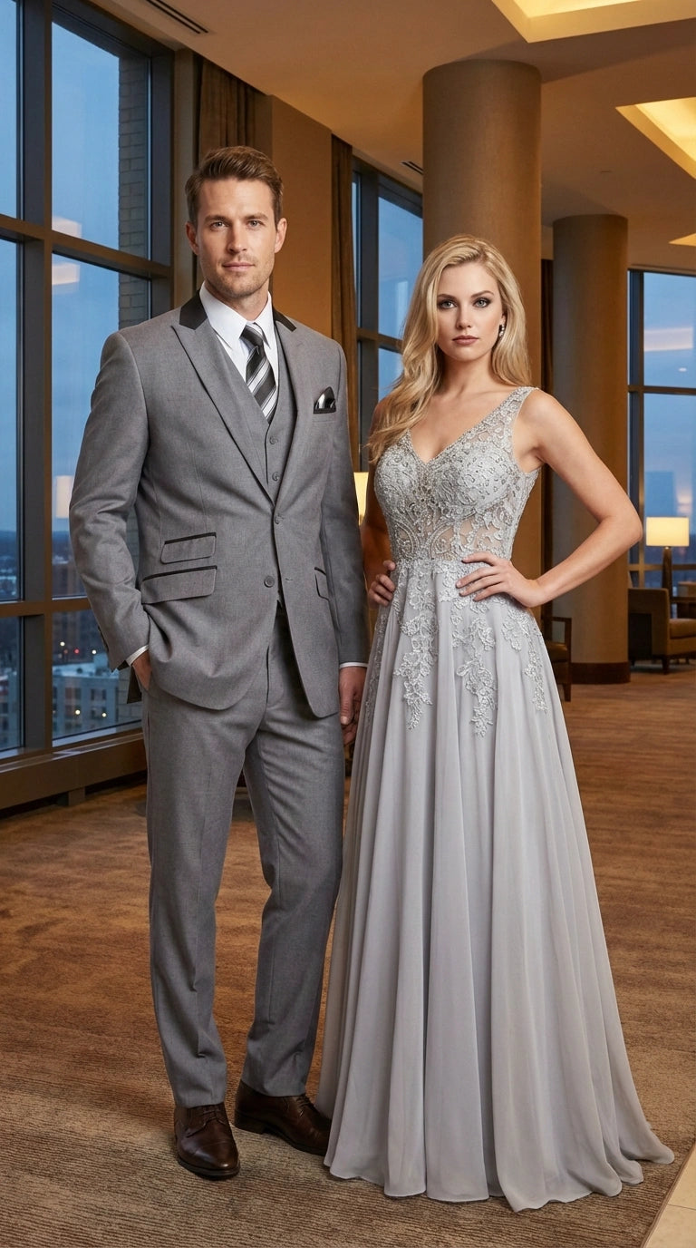 Men’s Light Gray Three Piece Suit with Black Chesterfield Collar  – Classic Formal Wedding and Business Suit Set 1920s Vintage - 34 Short or Extra Small