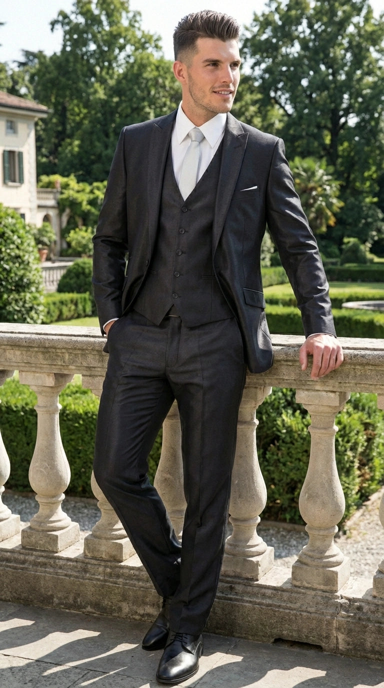 Men’s Black Three Piece Suit – Modern Fit 3PC Formal Suit with Vest for Wedding, Prom and Business Events Sharkskin Shiny Fabric - 34 Short or Extra Small