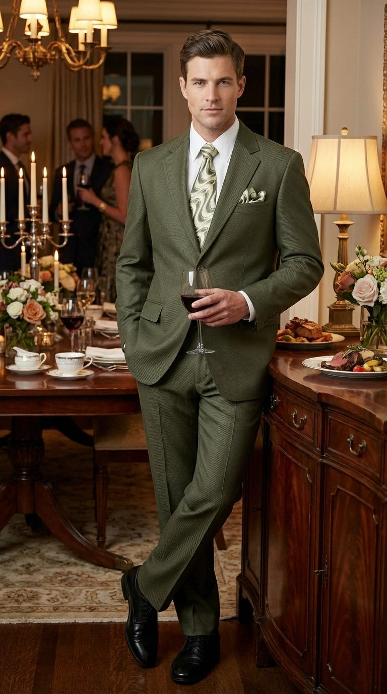 Men’s Olive Green Tuxedo With Trim Collar – Formal Wedding, Prom Suit Modern Fit - 36 Regular Jacket+30 Waist Adjustable 26to32)Height: 5'7"-6')(Neck: 14.5-16:S)