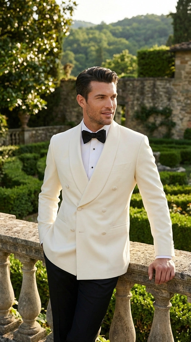 Men’s Ivory Wool Dinner Jacket – Classic Double Breasted Formal Tuxedo Jacket for Wedding and Black Tie Events - 36 Short