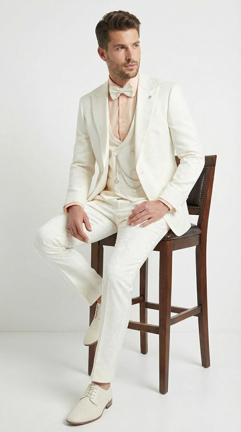 Vinci Men’s Ivory Three Piece Suit – Ivory 3PC Formal Wedding Suit for Groom, Prom and Black Tie Events - 34 Short or Extra Small